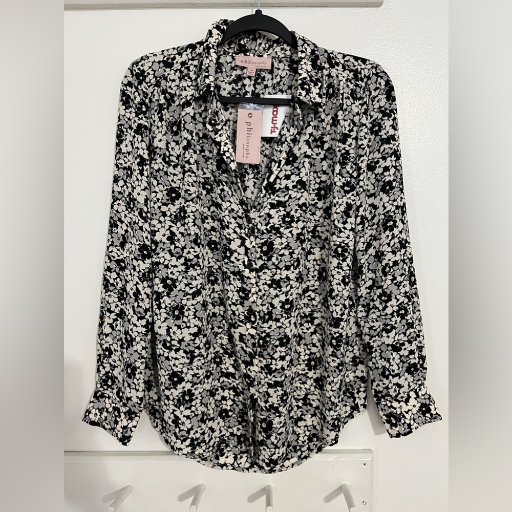 NWT Button down black, white and gray floral top